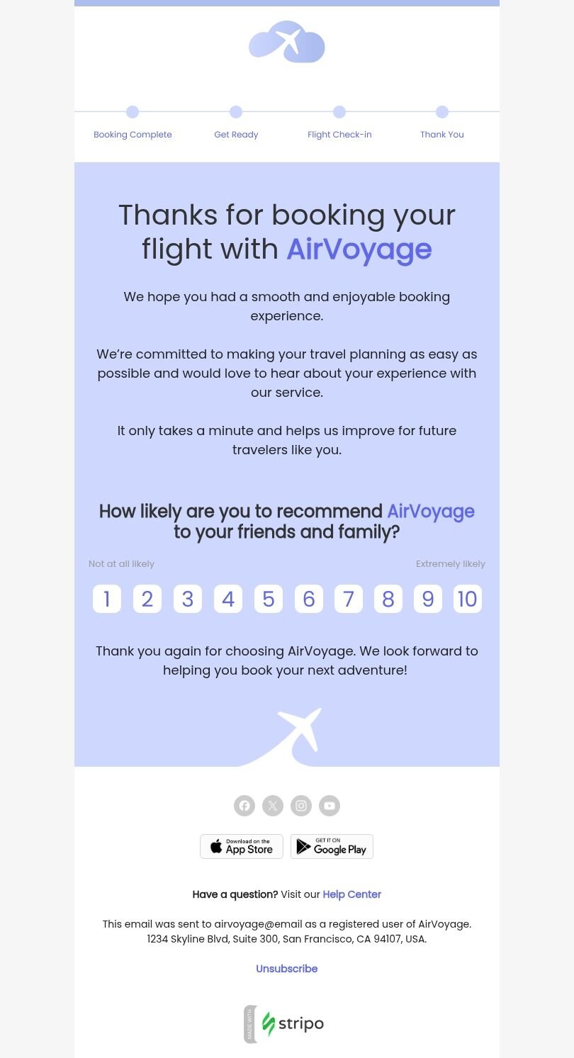 Modello email sondaggi e feedback «Apprezziamo il tuo feedback» per il settore industriale di compagnia aerea Visualizzazione mobile