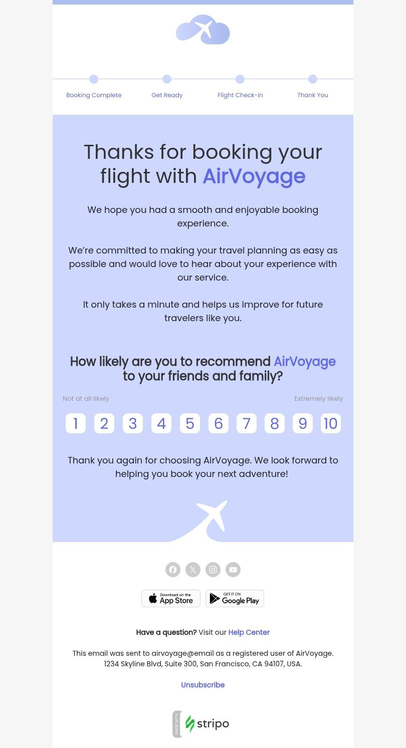 Modelo de e-mail de «Valorizamos seu feedback» de pesquisa e feedback para a indústria de companhia aérea Visualização de dispositivo móvel