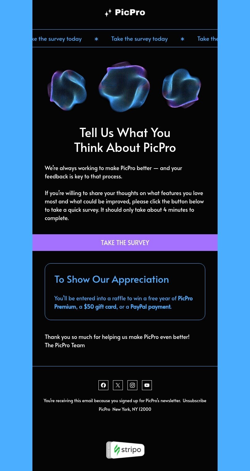 Modelo de e-mail de «Sua opinião é importante» de pesquisa e feedback para a indústria de fotografia Visualização de dispositivo móvel