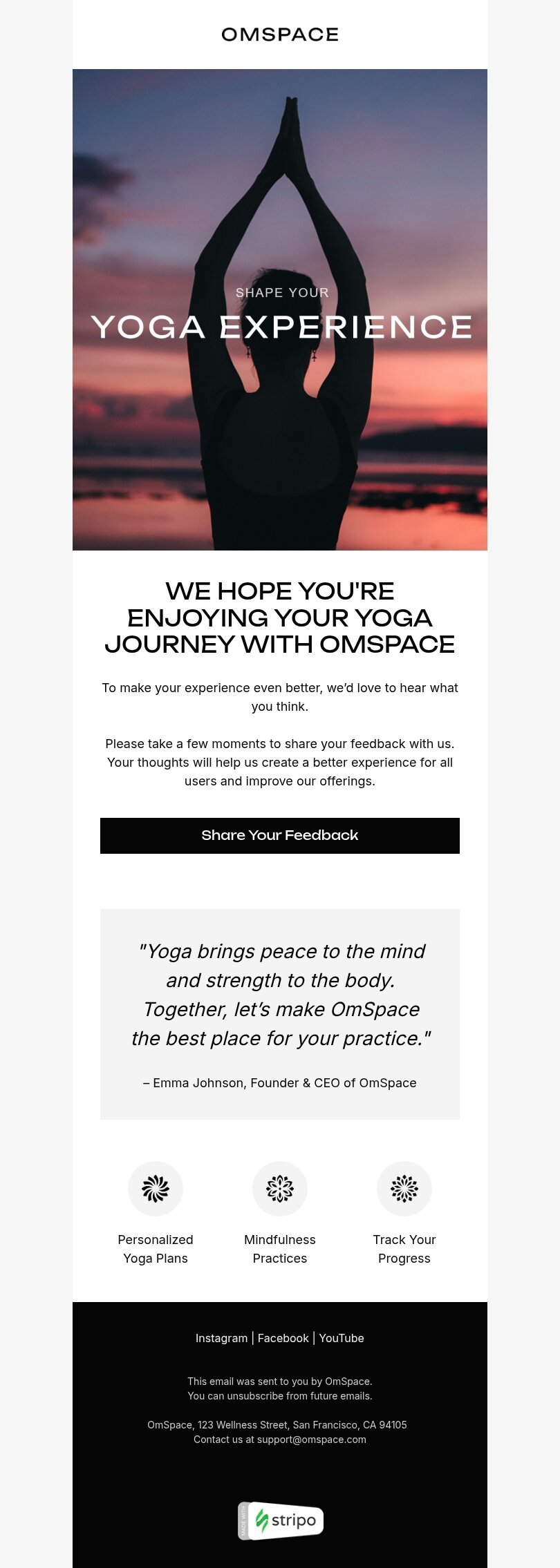 Survey & feedback email template "Shape your yoga experience" for sports industry mobile view
