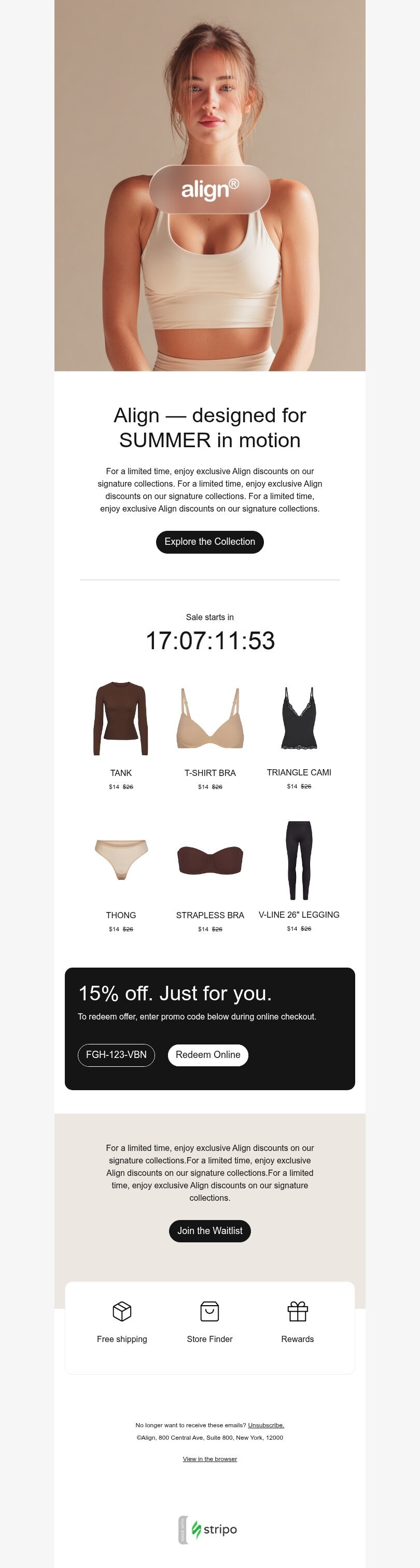 Promo email template "Check out the summer collection" for fashion industry mobile view