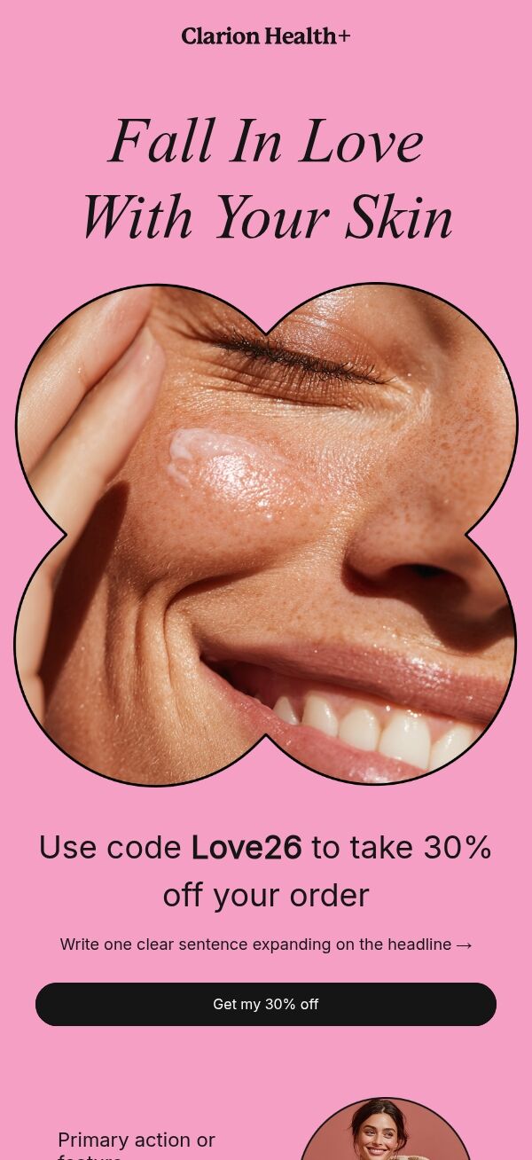 Valentinstag E-Mail-Vorlage «Verliebe dich in deine Haut» für E-Commerce-Branche Ansicht auf Mobilgeräten