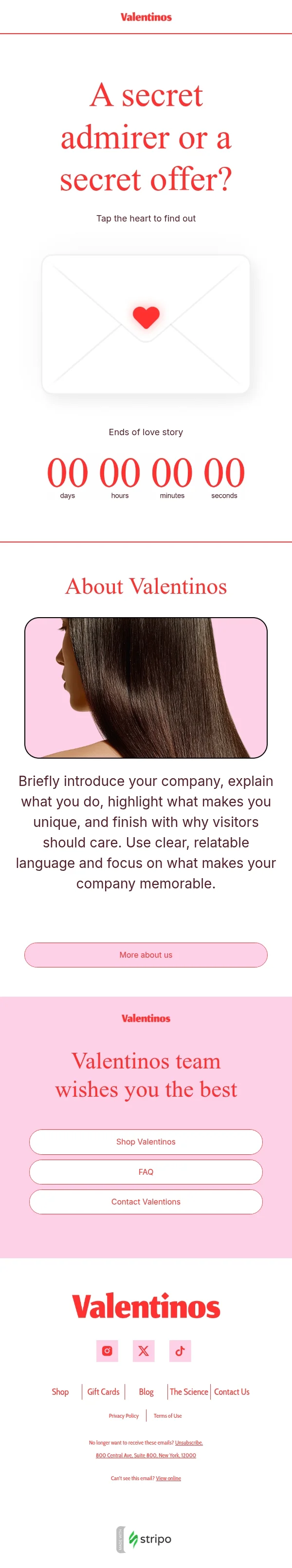 Valentine’s Day email template "Tap the heart to find out" for ecommerce industry