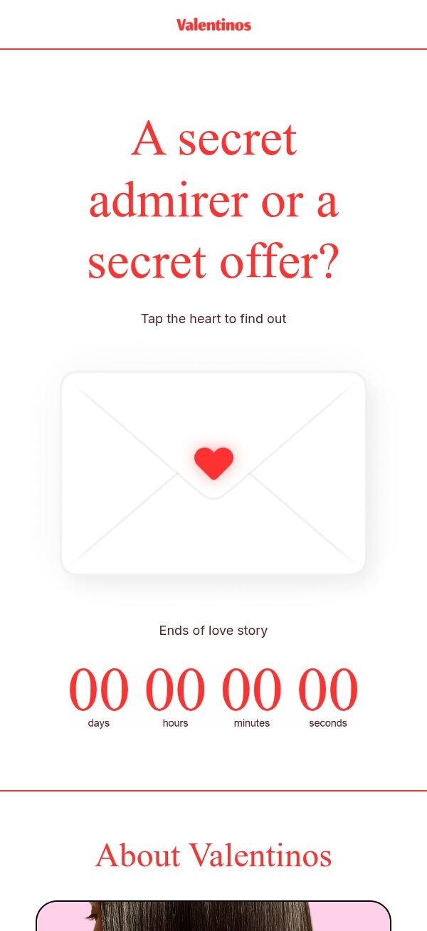 Valentinstag E-Mail-Vorlage «Tippe auf das Herz, um es herauszufinden» für E-Commerce-Branche Ansicht auf Mobilgeräten