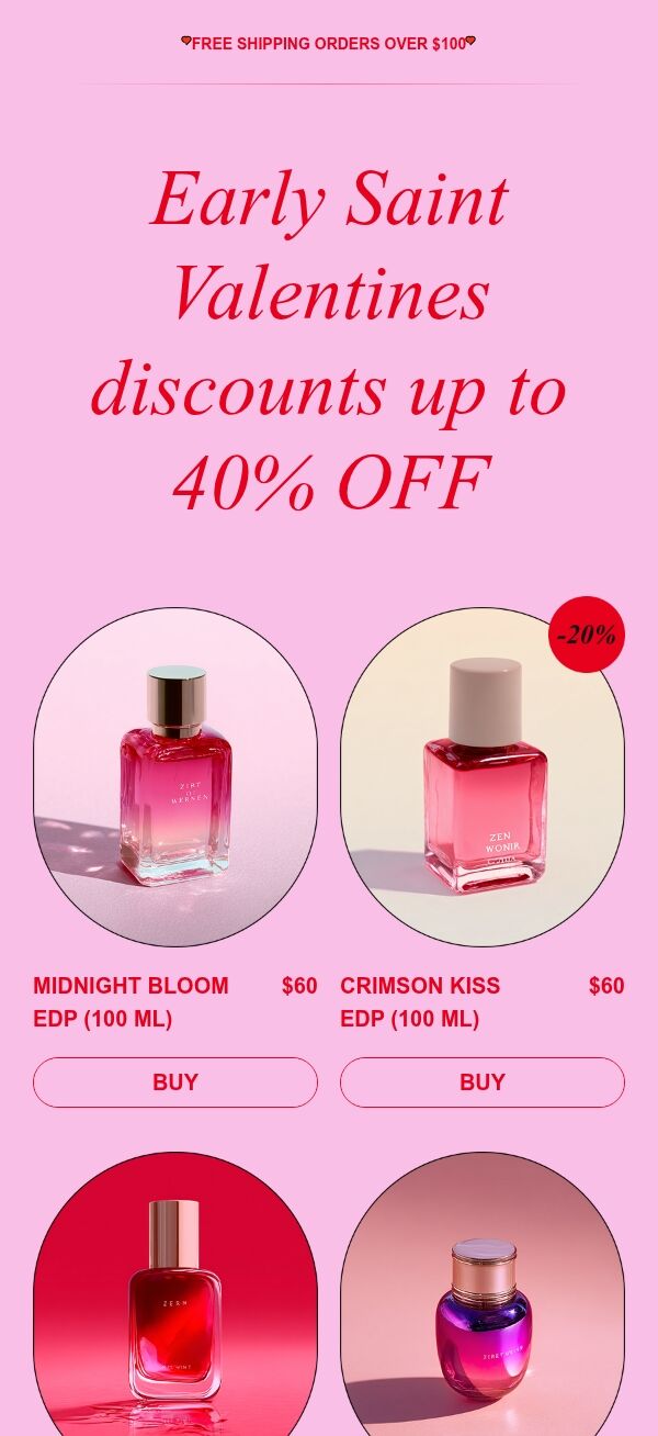 Valentine’s Day email template "Early Saint Valentines discounts" for ecommerce industry mobile view