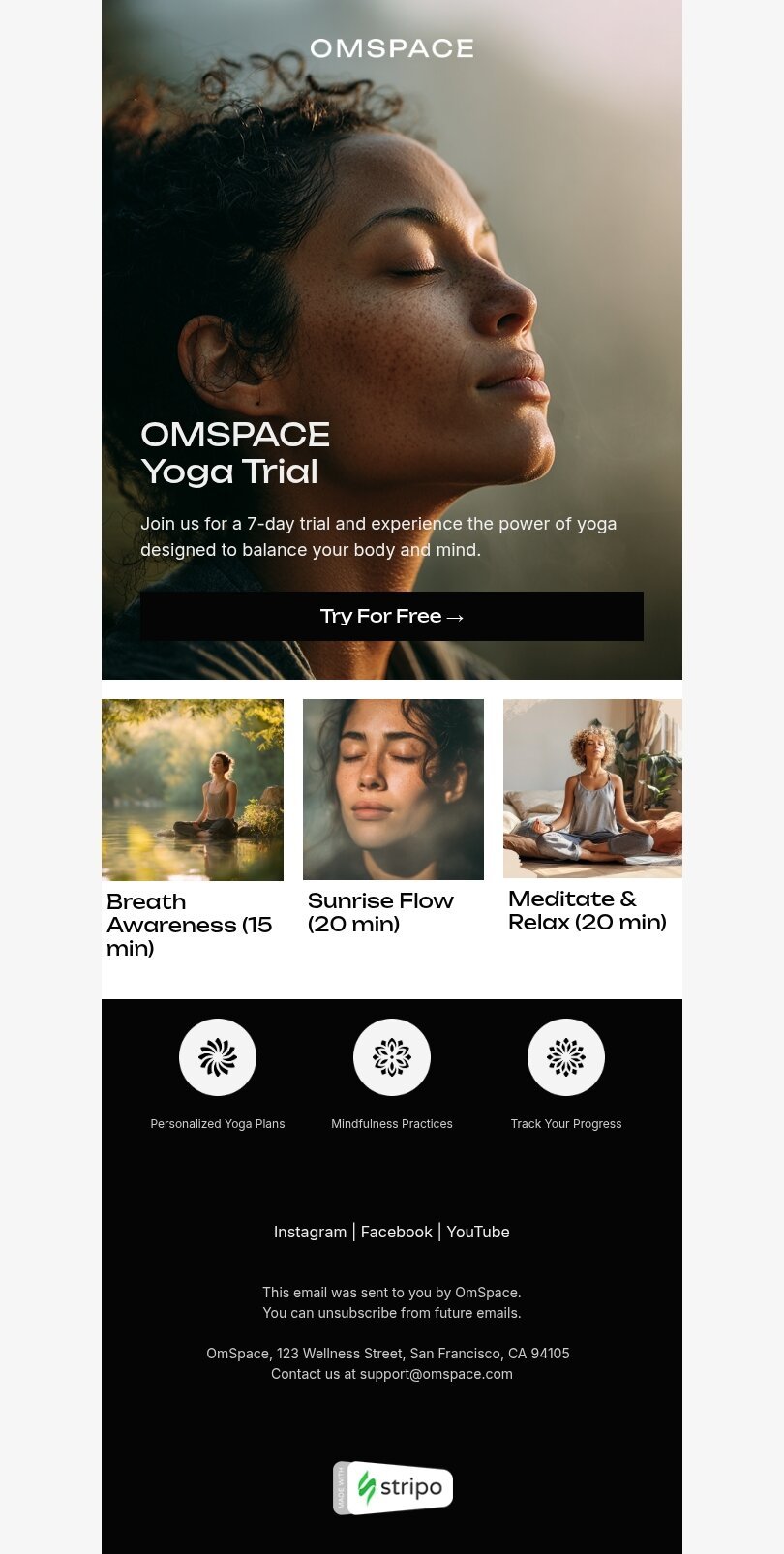 Шаблон листа «Пробне заняття з йоги» тематики пробний період для індустрії «Мобільні застосунки» мобільний вигляд