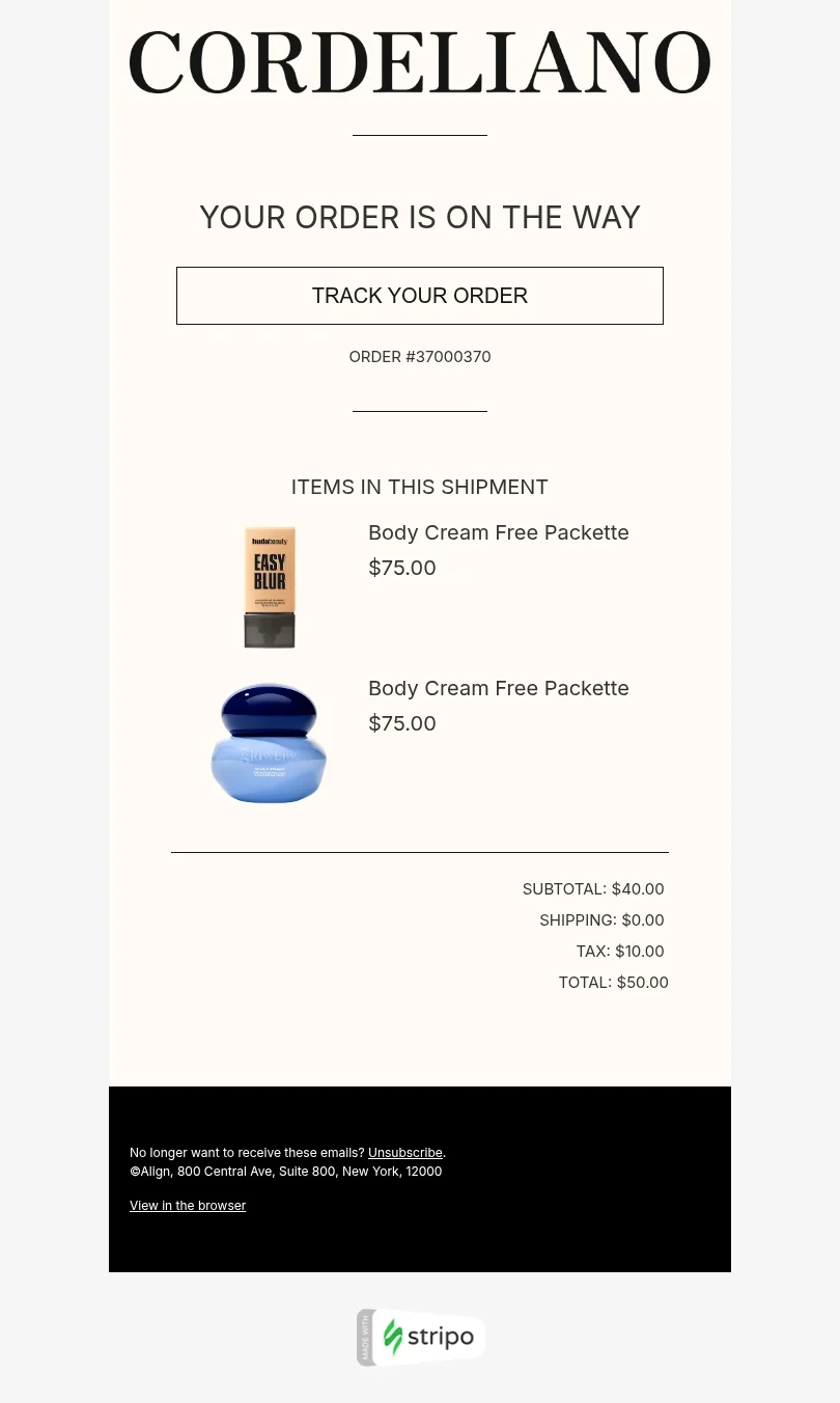 Transactional email template "Track your order" for fashion industry