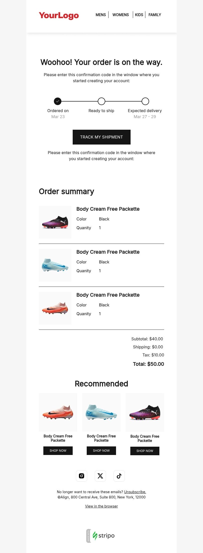 Transactional email template "Order is on the way" for fashion industrydesktop view