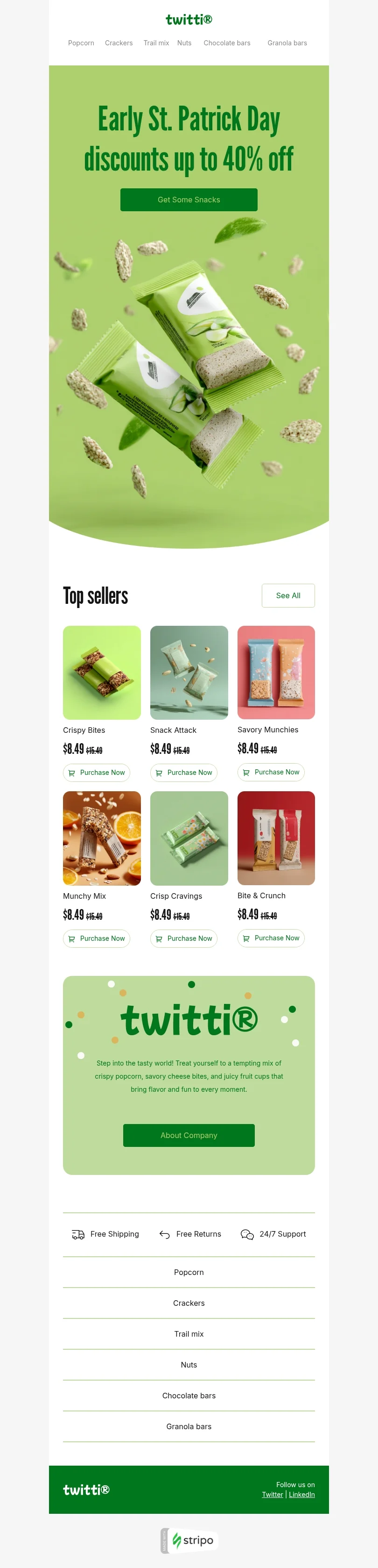 St. Patrick's Day email template "St. Patrick’s Day snack sale" for ecommerce industry