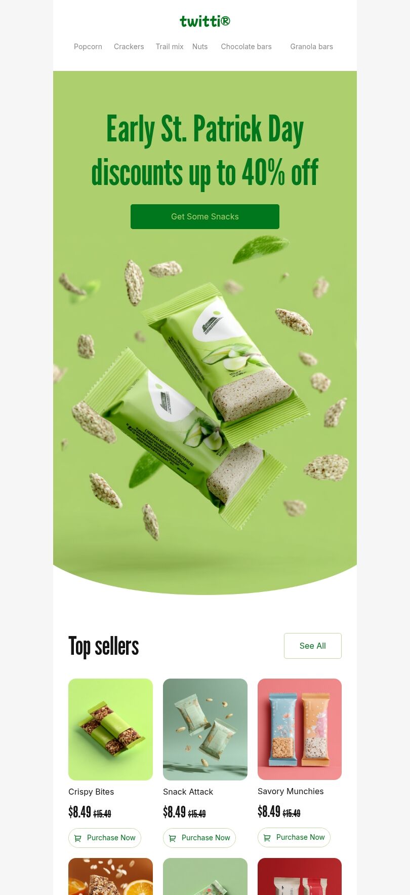 St. Patrick‘s Day E-Mail-Vorlage «Snackverkauf zum St. Patrick’s Day» für E-Commerce-Branche Ansicht auf Mobilgeräten