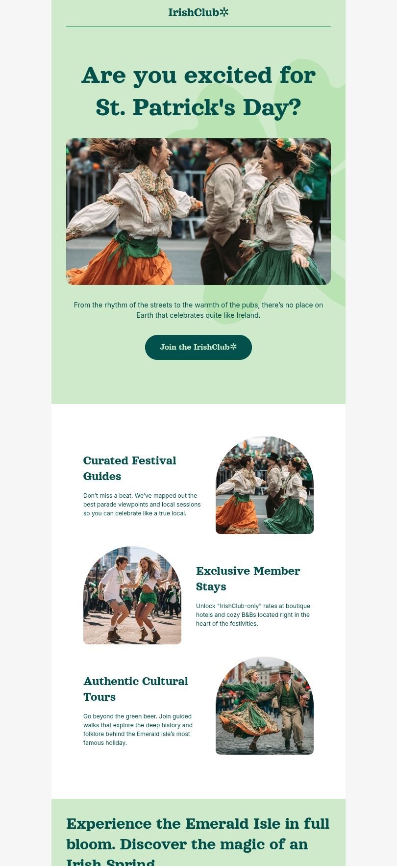 St. Patrick‘s Day E-Mail-Vorlage «Reiseführer zum St. Patrick’s Day» für Tourismus-Branche Ansicht auf Mobilgeräten