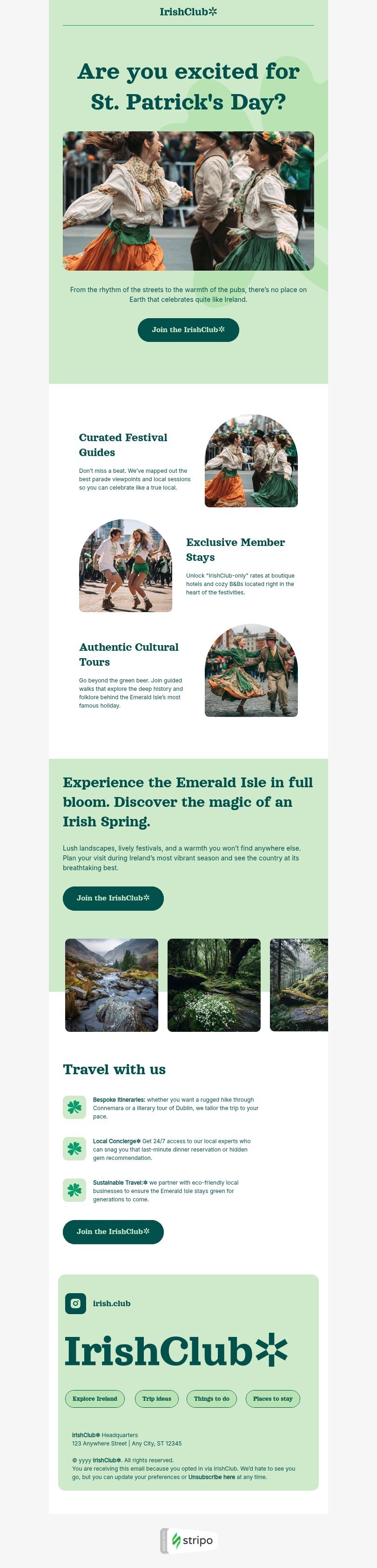 St. Patrick's Day email template "St. Patrick’s Day travel guide" for travel industry mobile view
