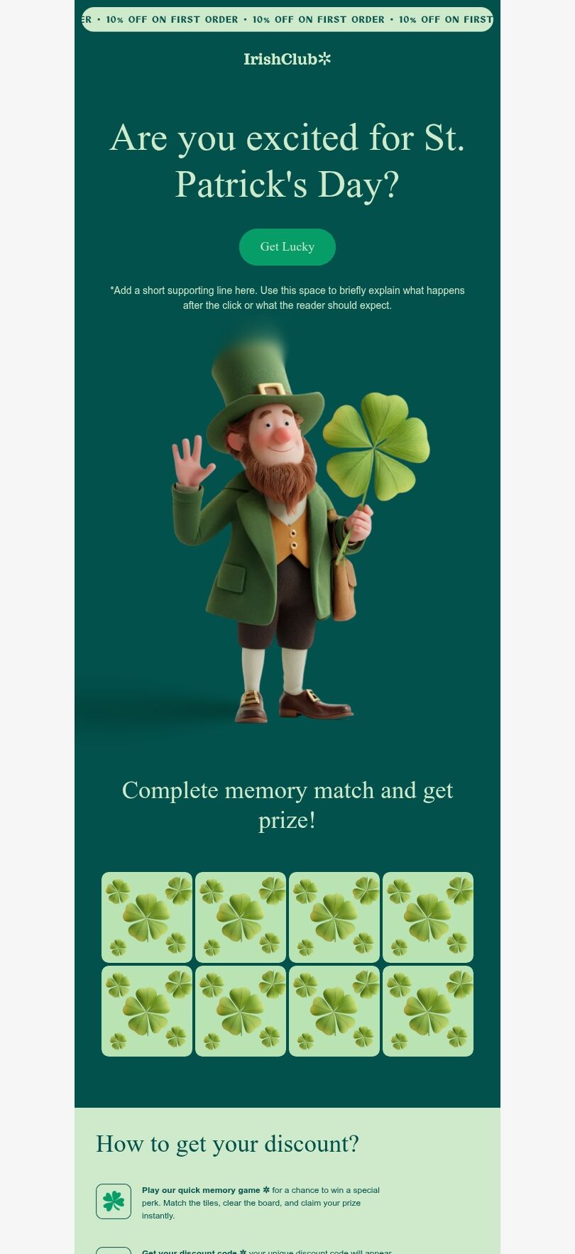 St. Patrick‘s Day E-Mail-Vorlage «Snackverkauf zum St. Patrick’s Day» für E-Commerce-Branche Ansicht auf Mobilgeräten