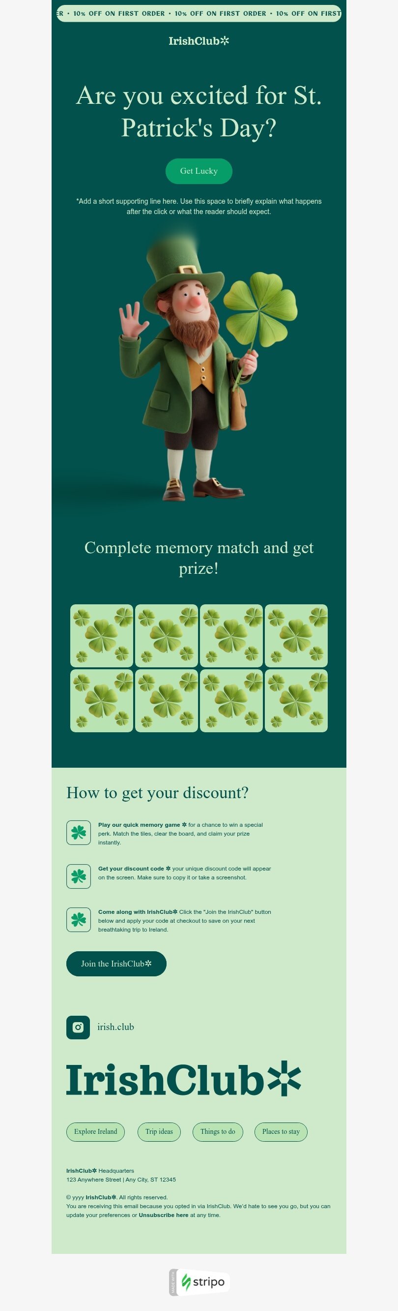 St. Patrick's Day email template "St. Patrick’s Day memory game" for ecommerce industry mobile view