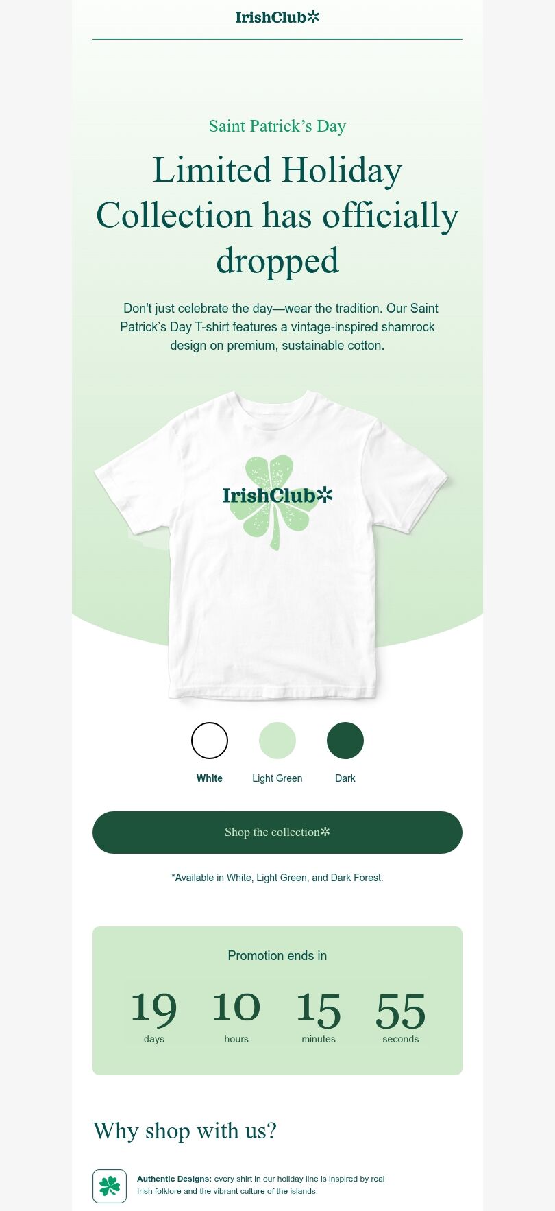 St. Patrick‘s Day E-Mail-Vorlage «T-Shirt-Kollektion zum St. Patrick’s Day» für Mode-Branche Ansicht auf Mobilgeräten