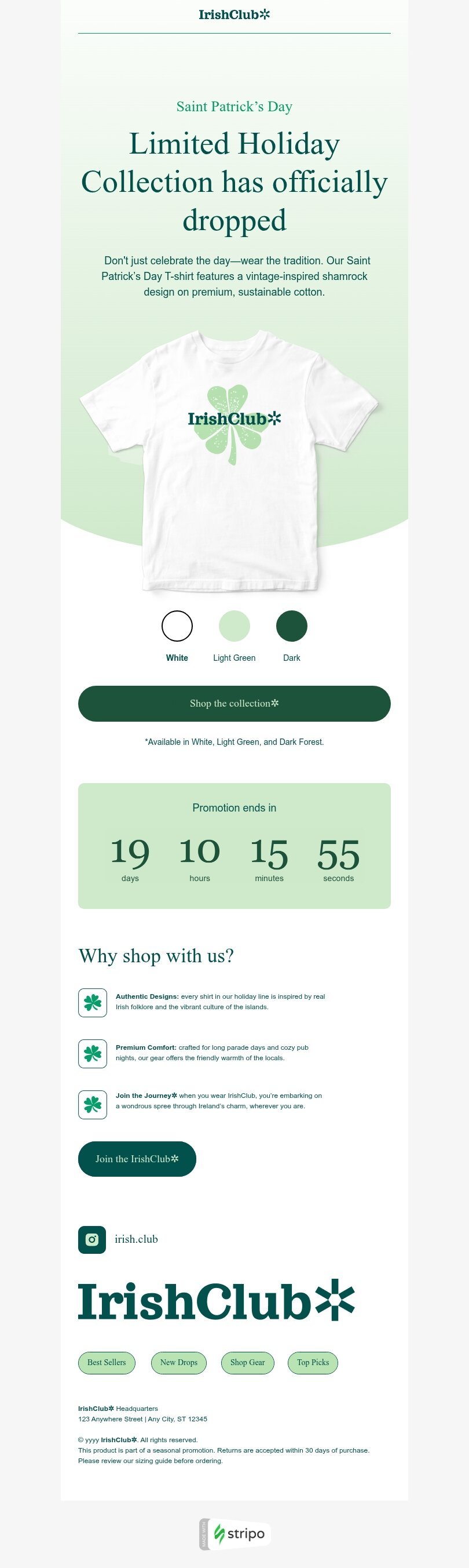 St. Patrick's Day email template "St. Patrick’s Day t-shirt collection" for fashion industry mobile view