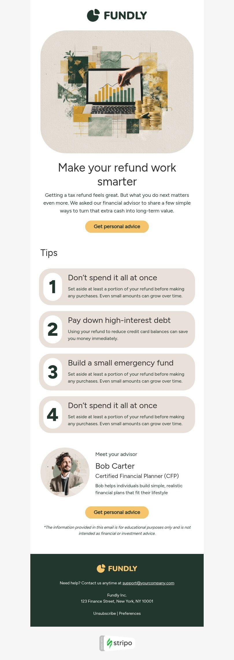 Signature email template "Make your refund work smarter" for finance industrydesktop view