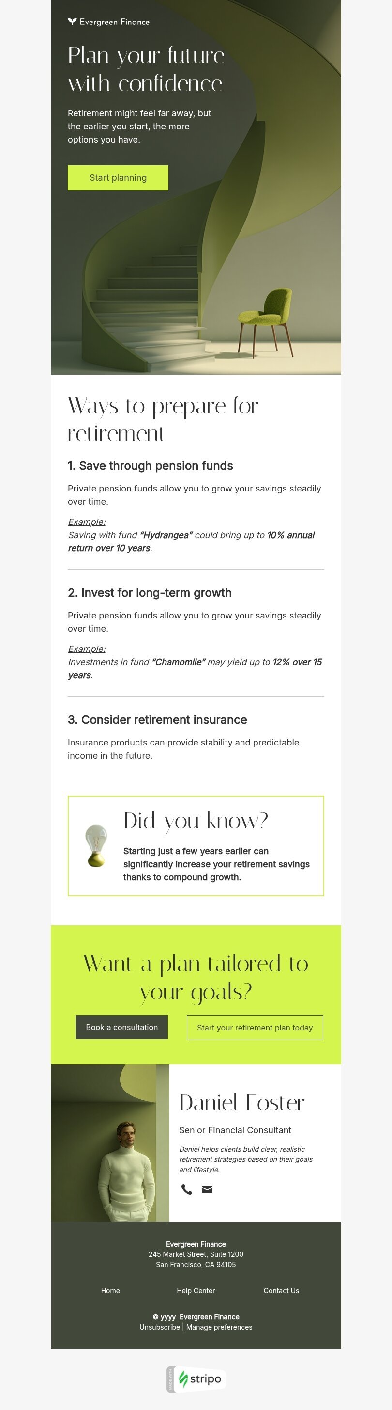 Signature email template "Plan your future with confidence" for finance industrydesktop view