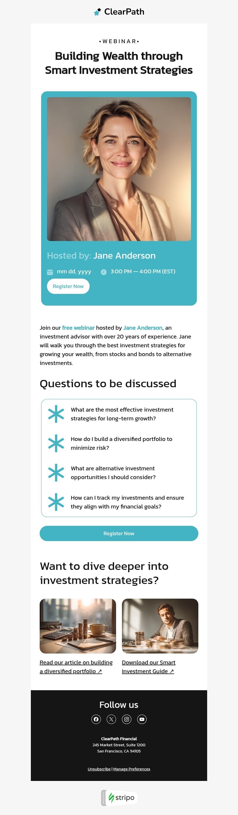 Signature email template "Building wealth" for finance industrydesktop view