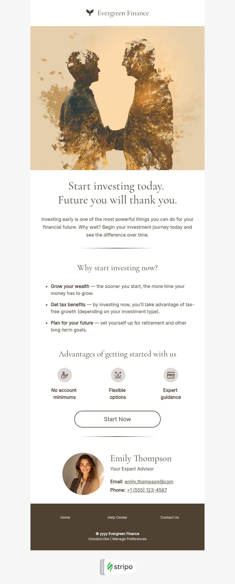 Signature email template "Start investing today" for finance industrydesktop view