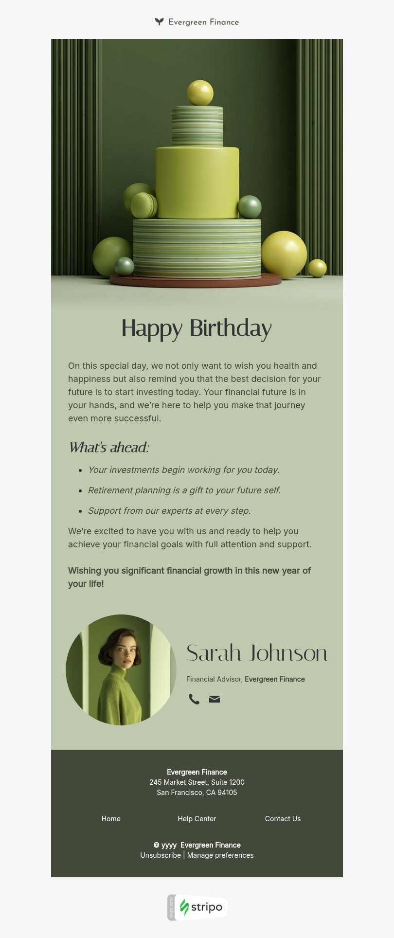 Signature email template "Celebrate your day" for finance industrydesktop view