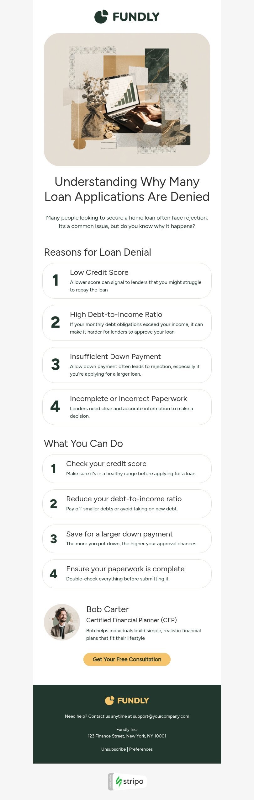 Signature email template "Loan approval tips" for finance industrydesktop view