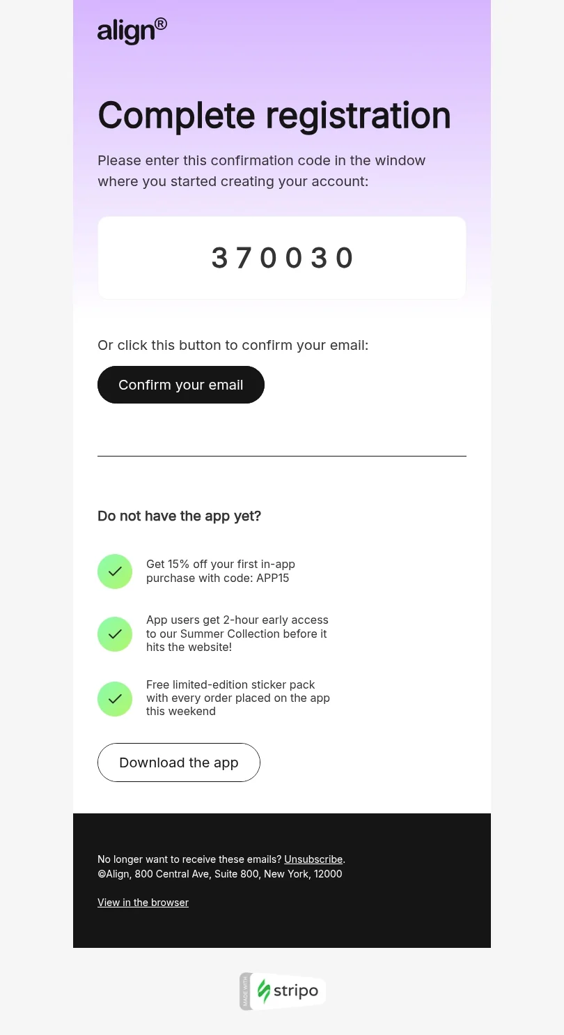 Transactional email template "Complete registration" for ecommerce industry