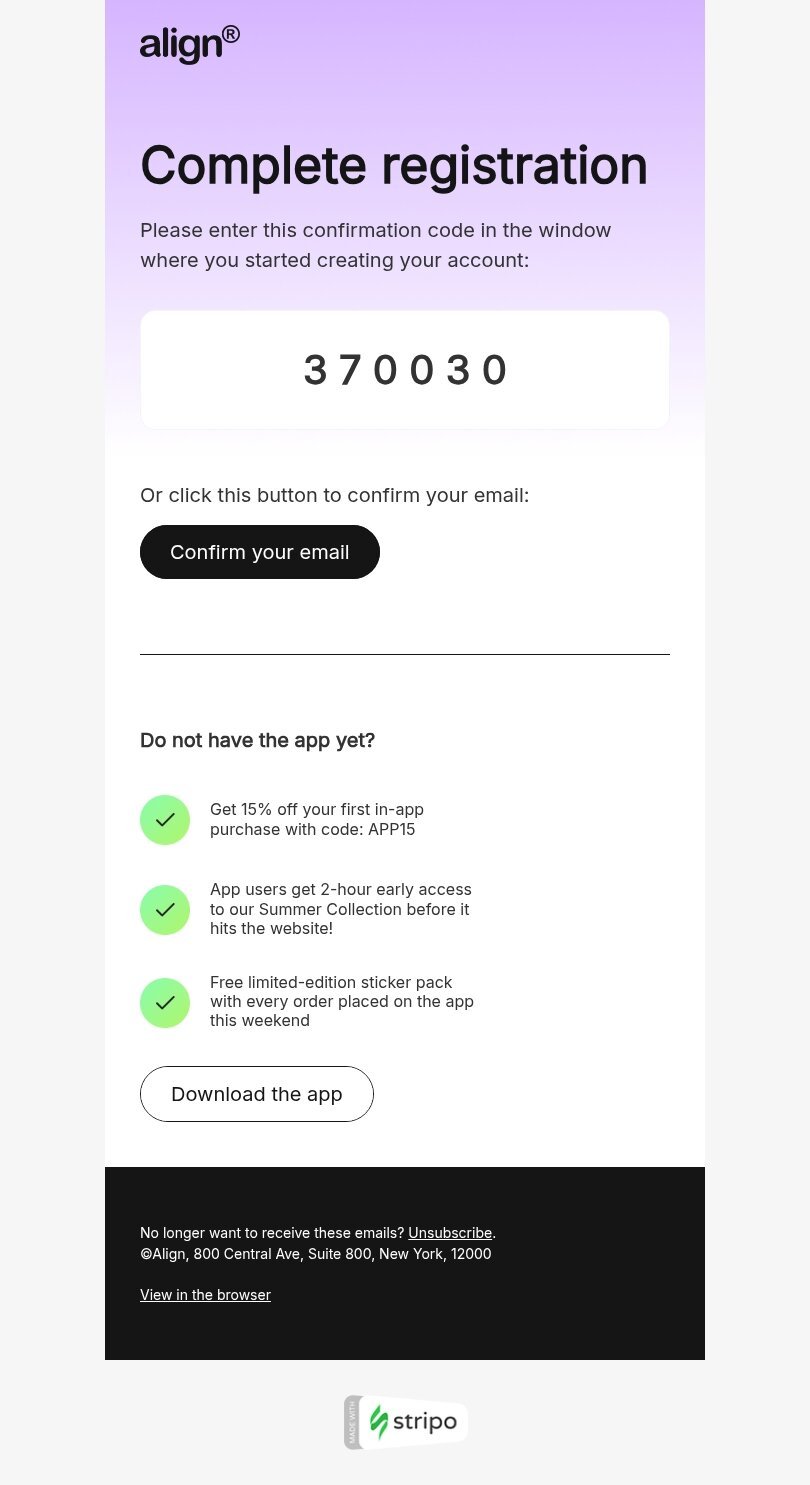 Modèle de courrier électronique transactionnelle «Inscription complète» pour le secteur commerce électronique Affichage mobile