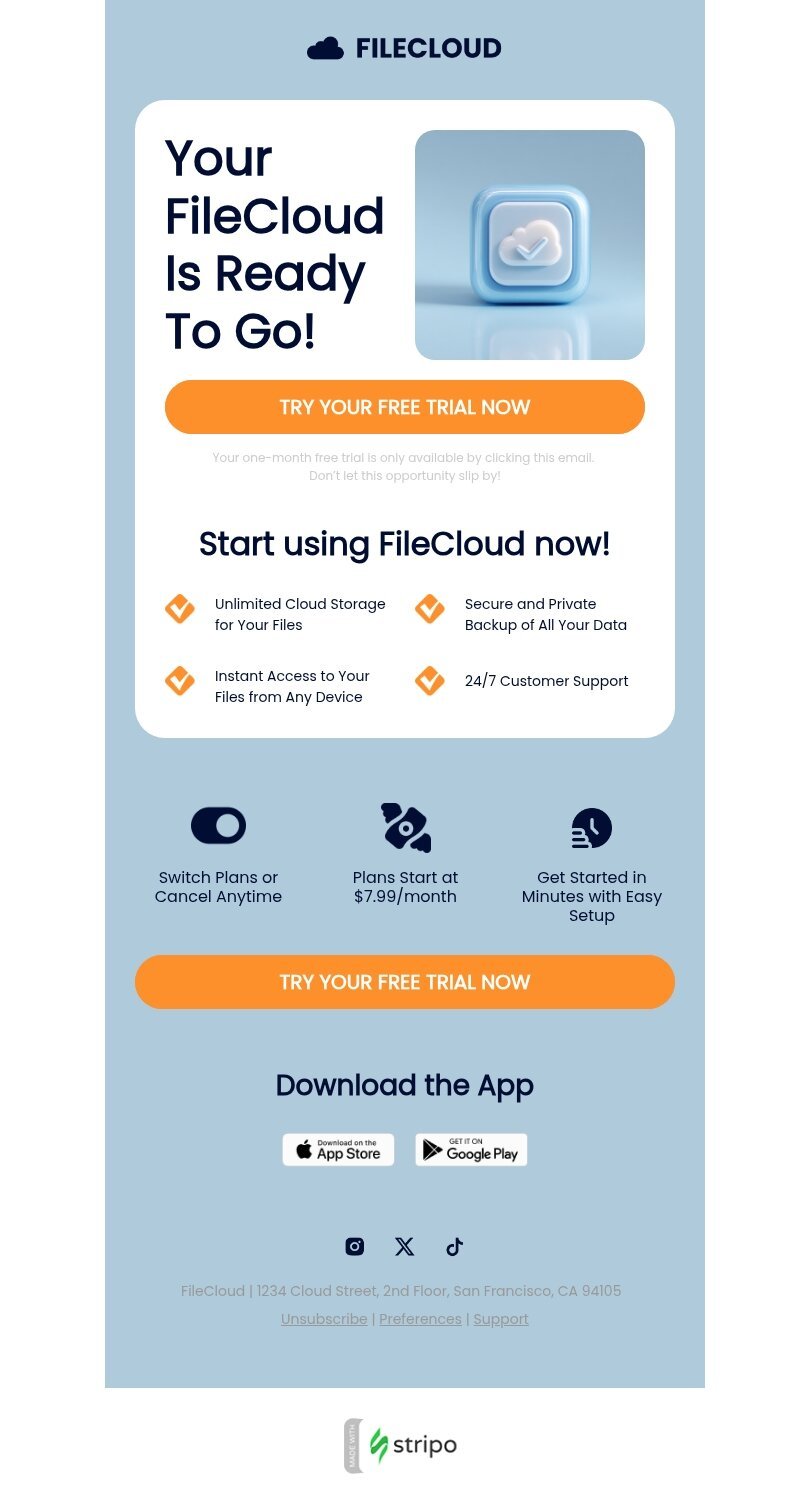 Шаблон письма «Начните за считанные минуты» тематики пробный период для индустрии «ПО и технологии» мобильный вид