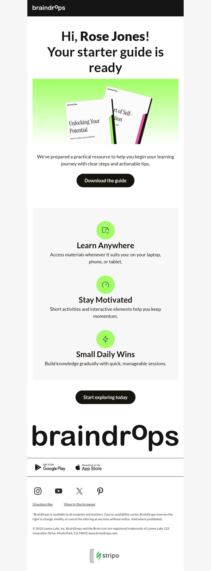 Welcome email template "Starter guide" for education industrydesktop view