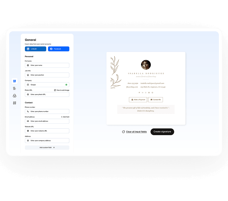 Stripo email signature generator interface with a signature preview